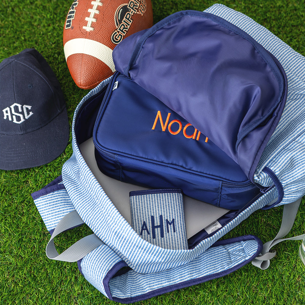 Navy seersucker kids basic backpack inside shot