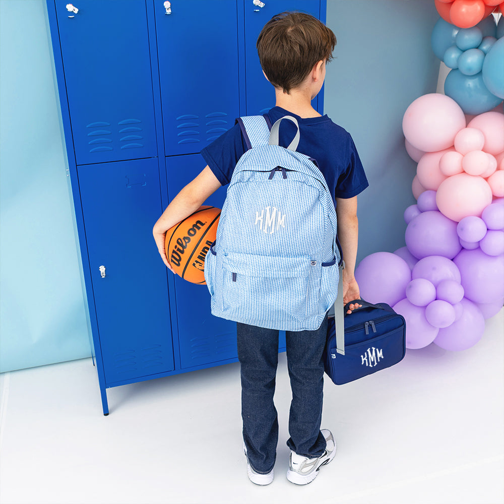 Navy seersucker kids basic backpack with basketball and lunch box