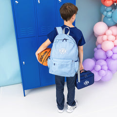 Navy seersucker kids basic backpack with basketball and lunch box
