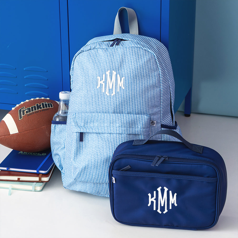 navy seersucker kids basic backpack with lunch box
