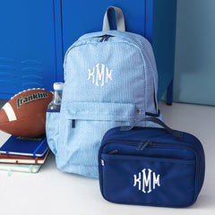 navy seersucker kids basic backpack with lunch box