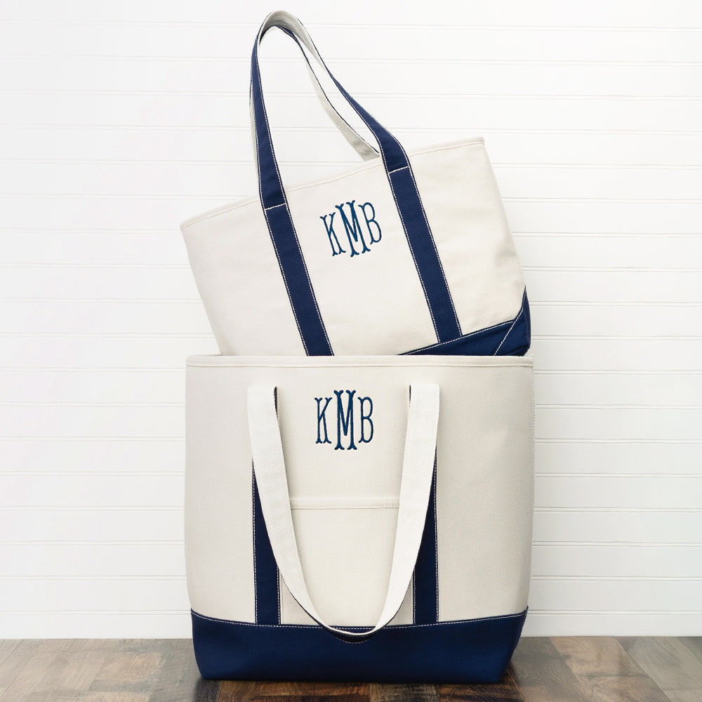 navy personalized tote bag with large canvas tote
