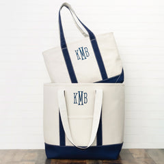 navy personalized tote bag with large canvas tote