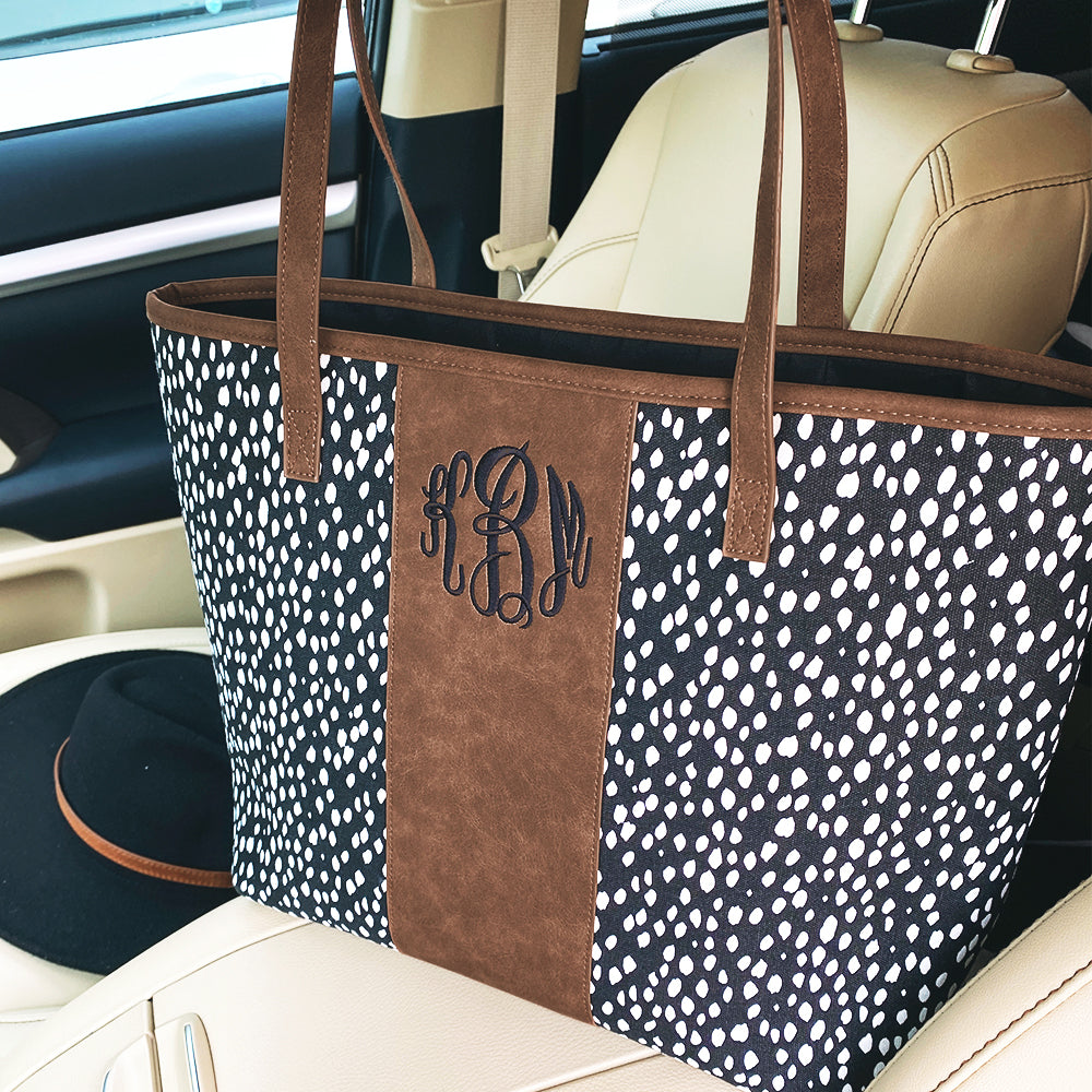 monogrammed dottie tote in car