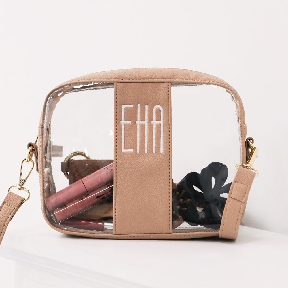 tan personalized clear stadium crossbody