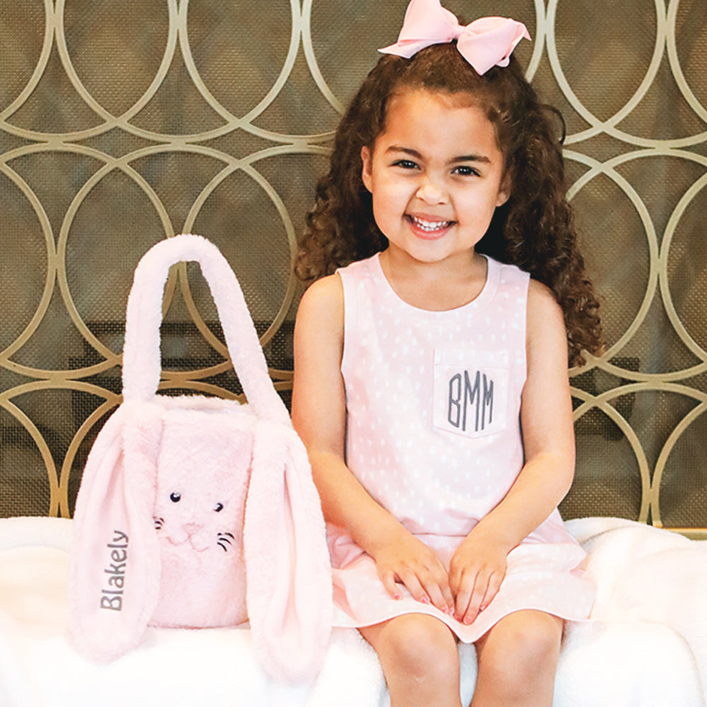 girls pink fuzzy easter basket with sleeveless dress
