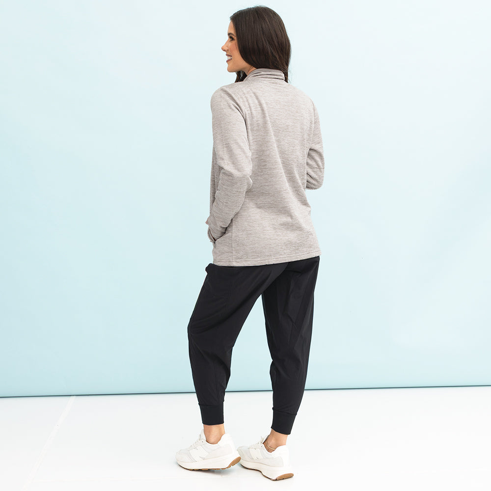 oatmeal brigham knit jacket on peyton back view