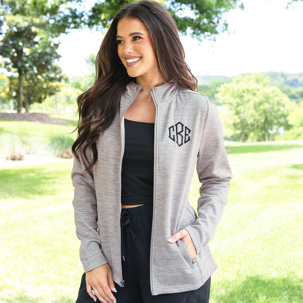 oatmeal brigham knit jacket on peyton