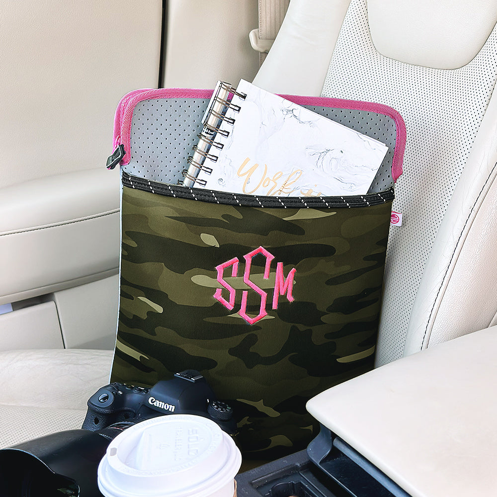 camo neoprene laptop case inside of car