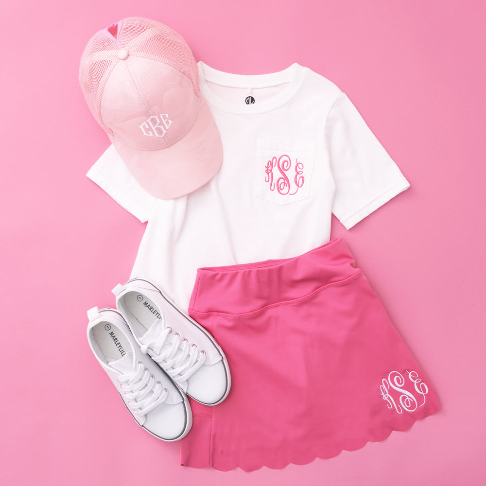 ootd with girls pink camo monogrammed trucker hat 