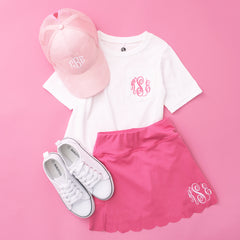 ootd with girls pink camo monogrammed trucker hat 