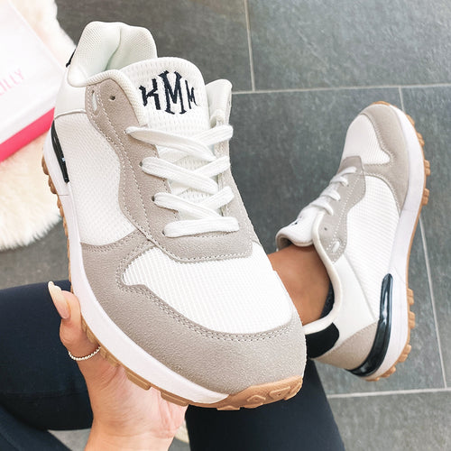 Selfie with Monogrammed Grey Sneakers