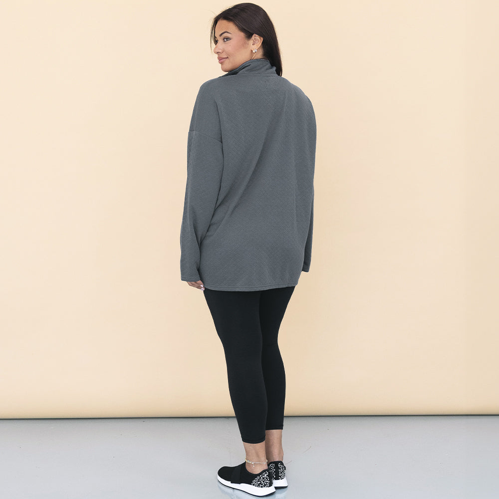 back of monogrammed quilted pullover in charcoal