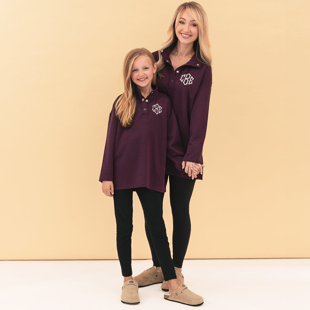 mom and me plum monogrammed quilted pullovers
