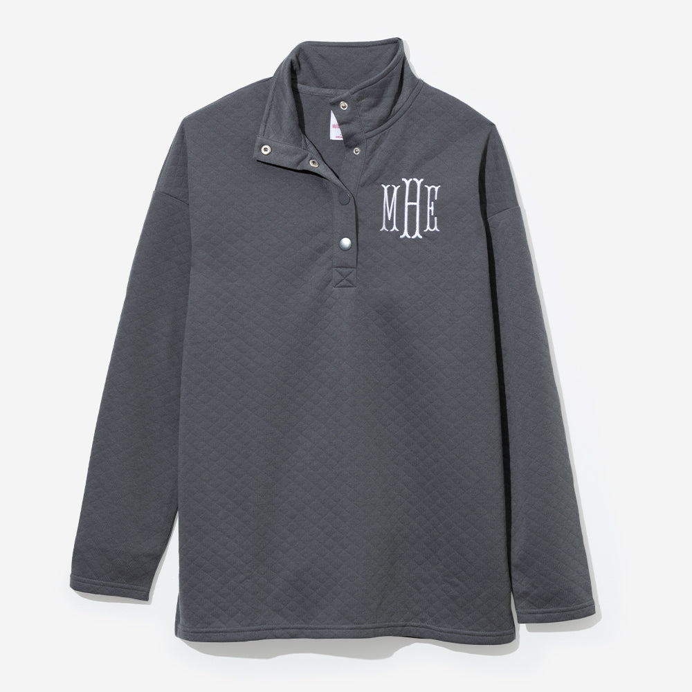 monogrammed quilted pullover in charcoal
