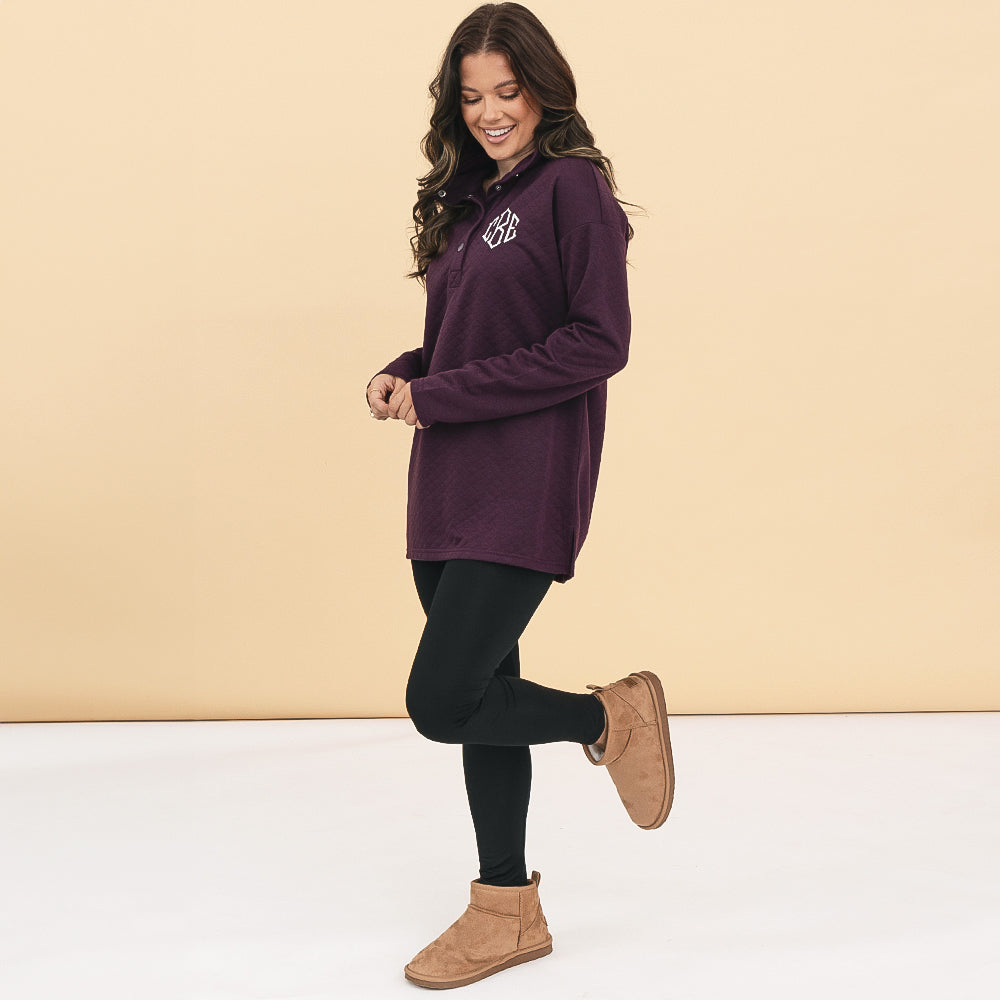 [peyton] personalized quilted pullover in plum with boots