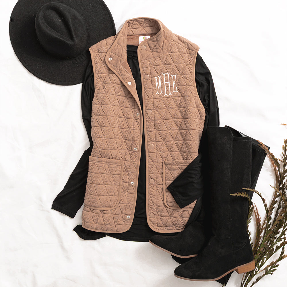 almond quilted vest flatlay