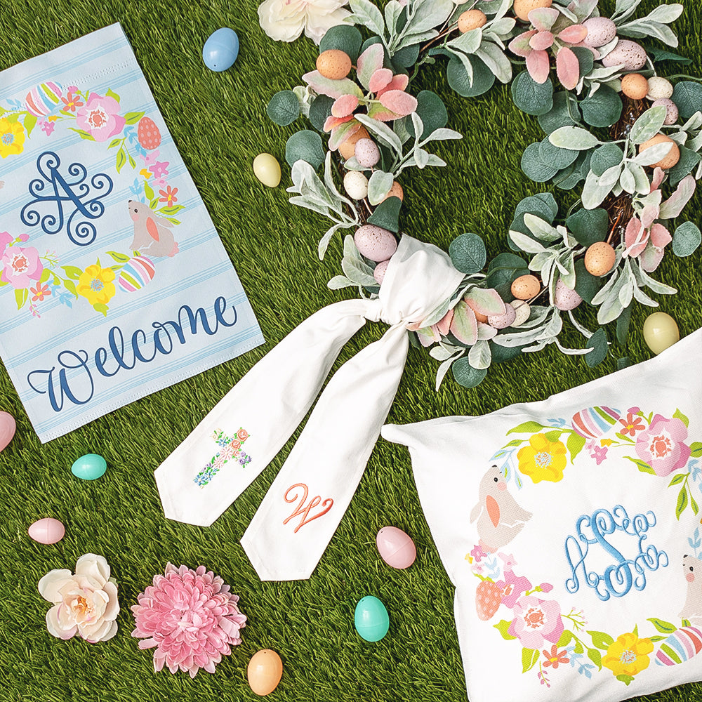 spring monogrammed pillow sham wreath sash and garden flag