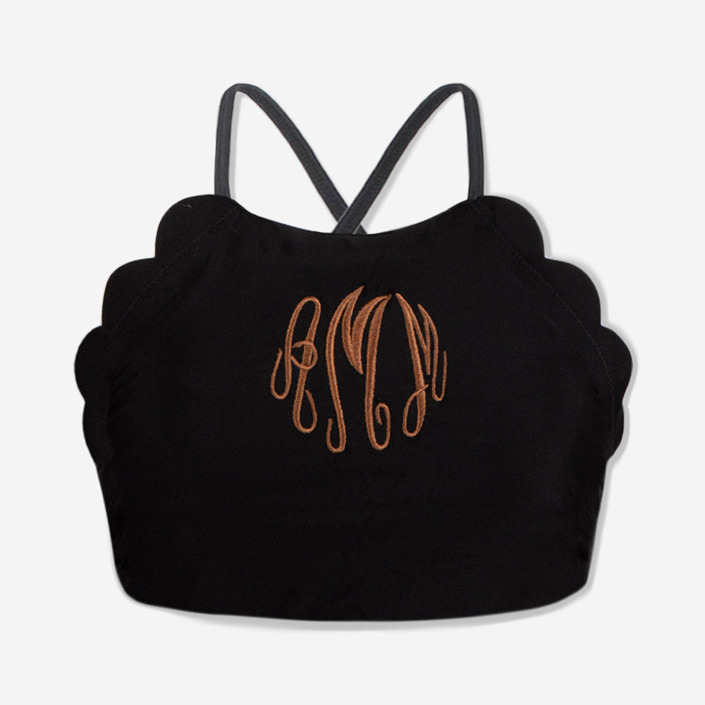 Monogrammed Scalloped High Neck Bikini Top - Black