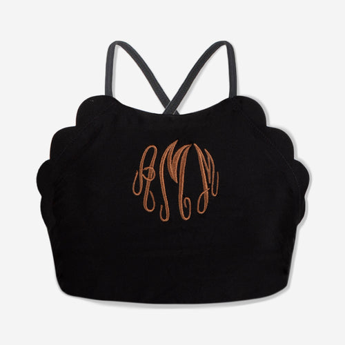 Monogrammed Scalloped High Neck Bikini Top - Black