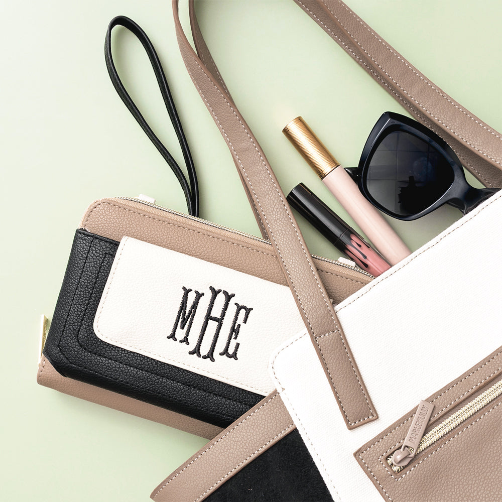 black tan phone wallet wristlet inside colorblock tote