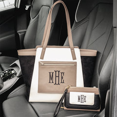 black tan phone wallet wristlet with colorblock tote