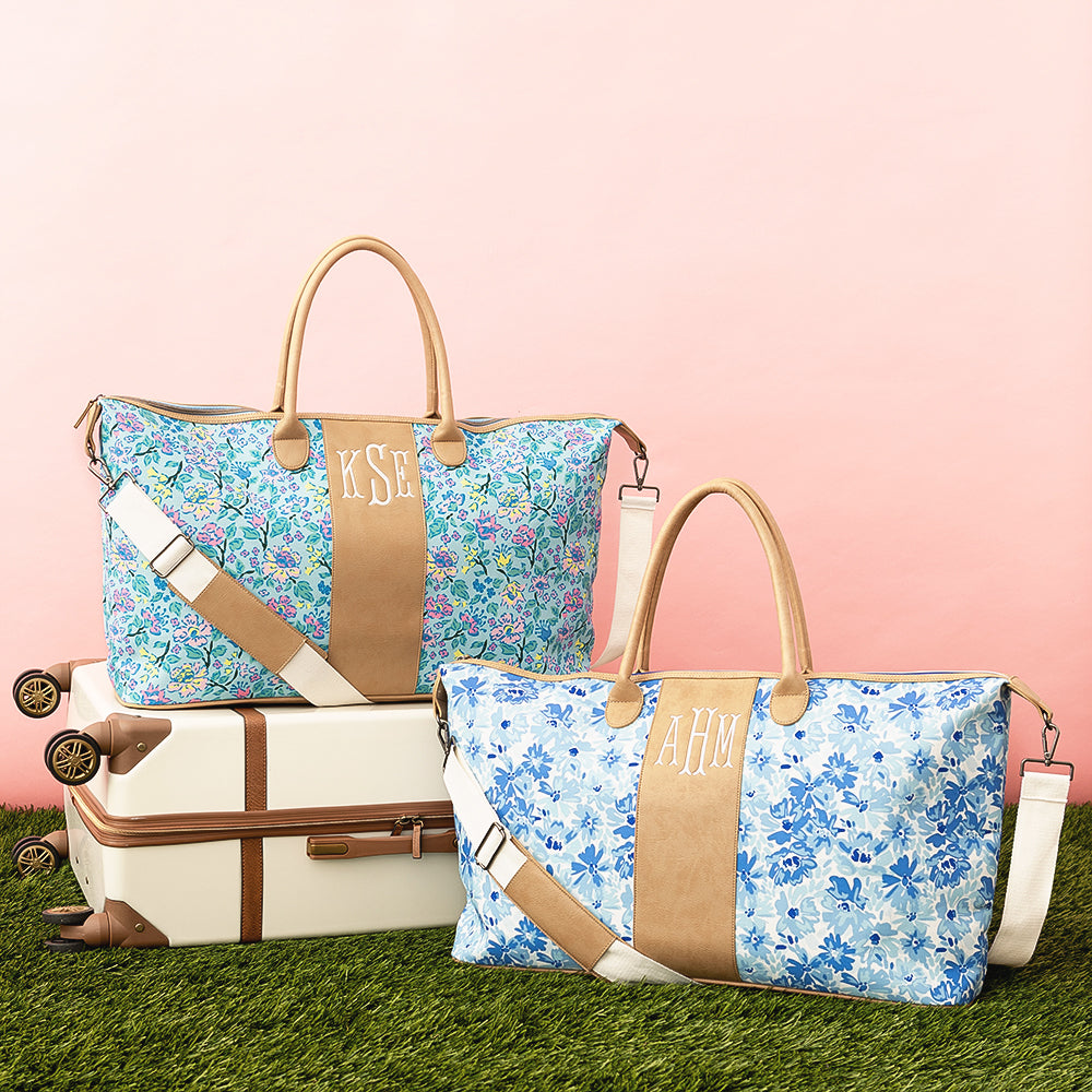 pastel flora trellis and blue botanical charleston weekender with vintage suitcase