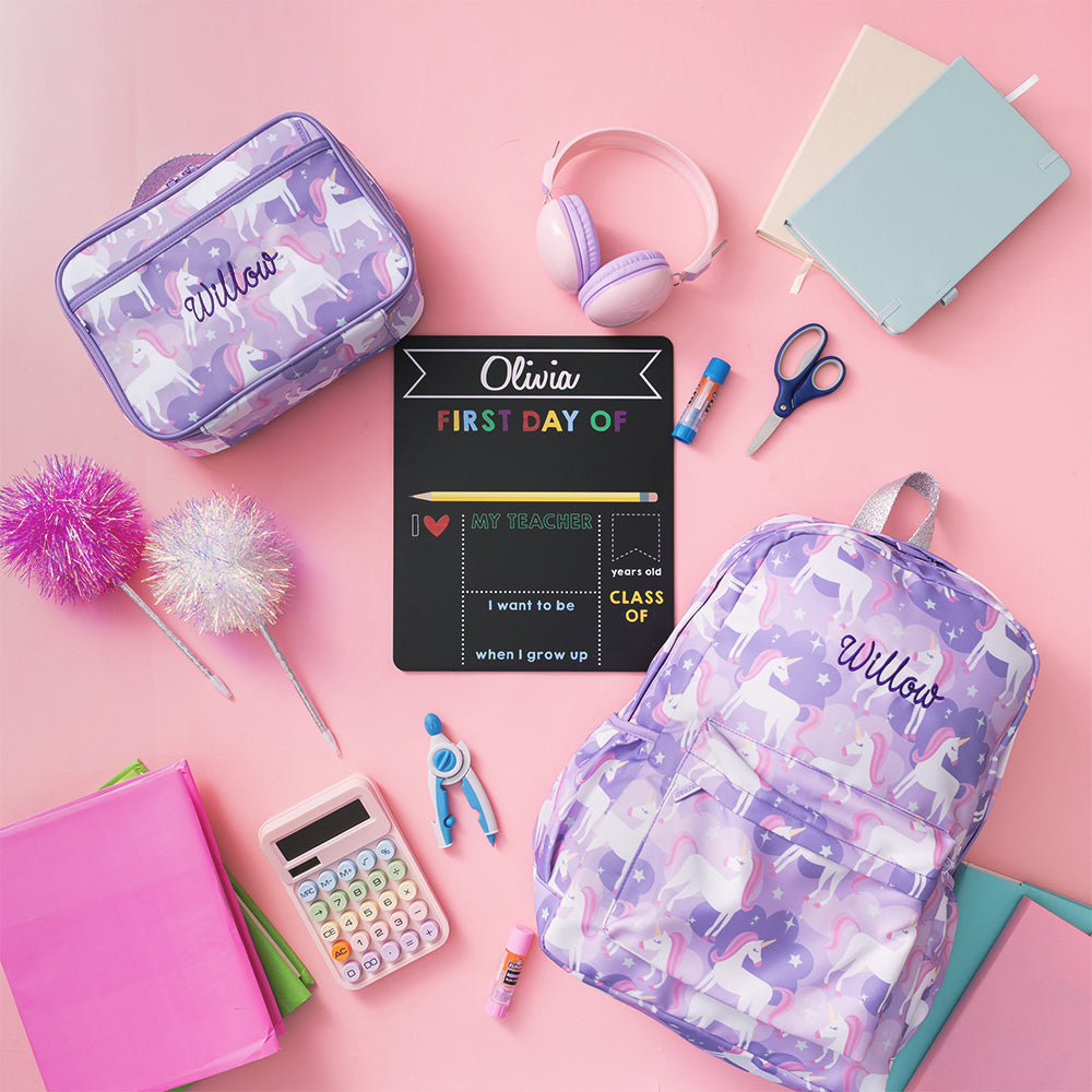 pastel unicorn kids monogrammed lunchbox and basic backpack
