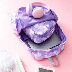Pastel unicorns kids basic bacpack inside shot with lunch box
