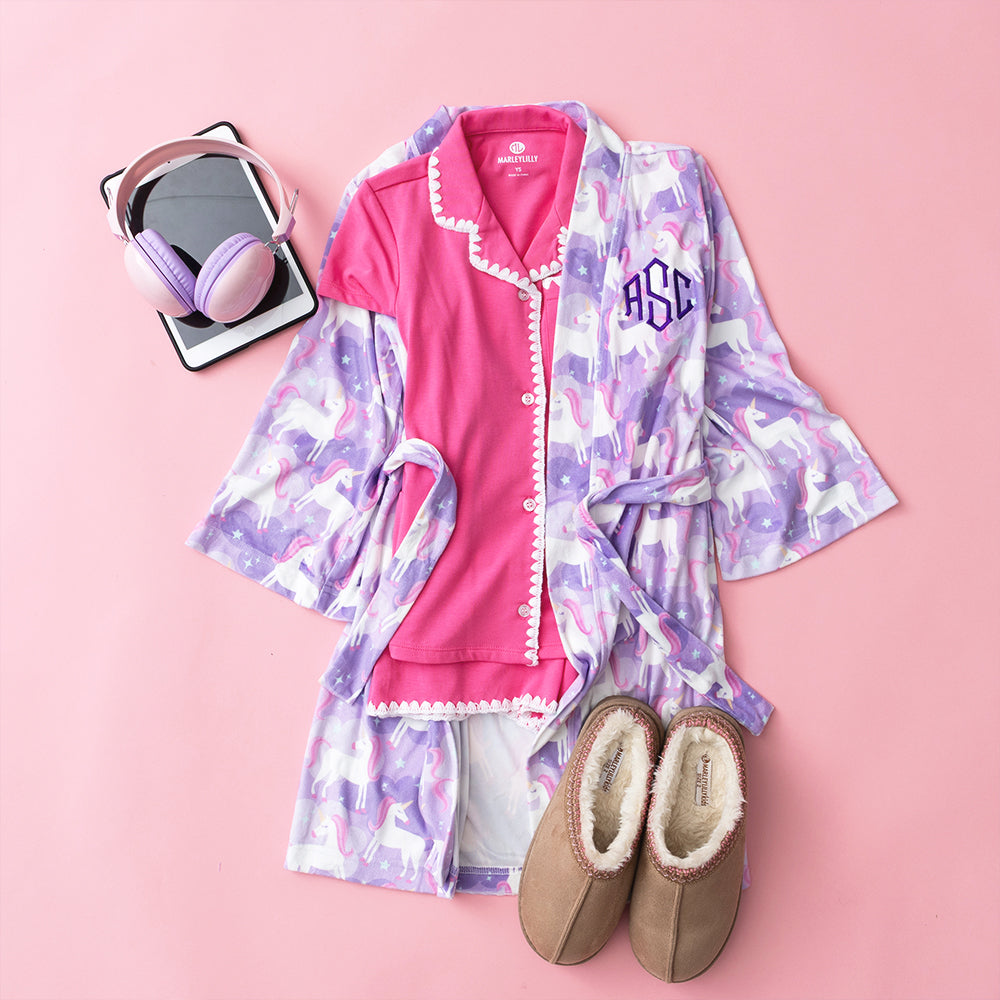 pastel unicorns softspun robe flatlay