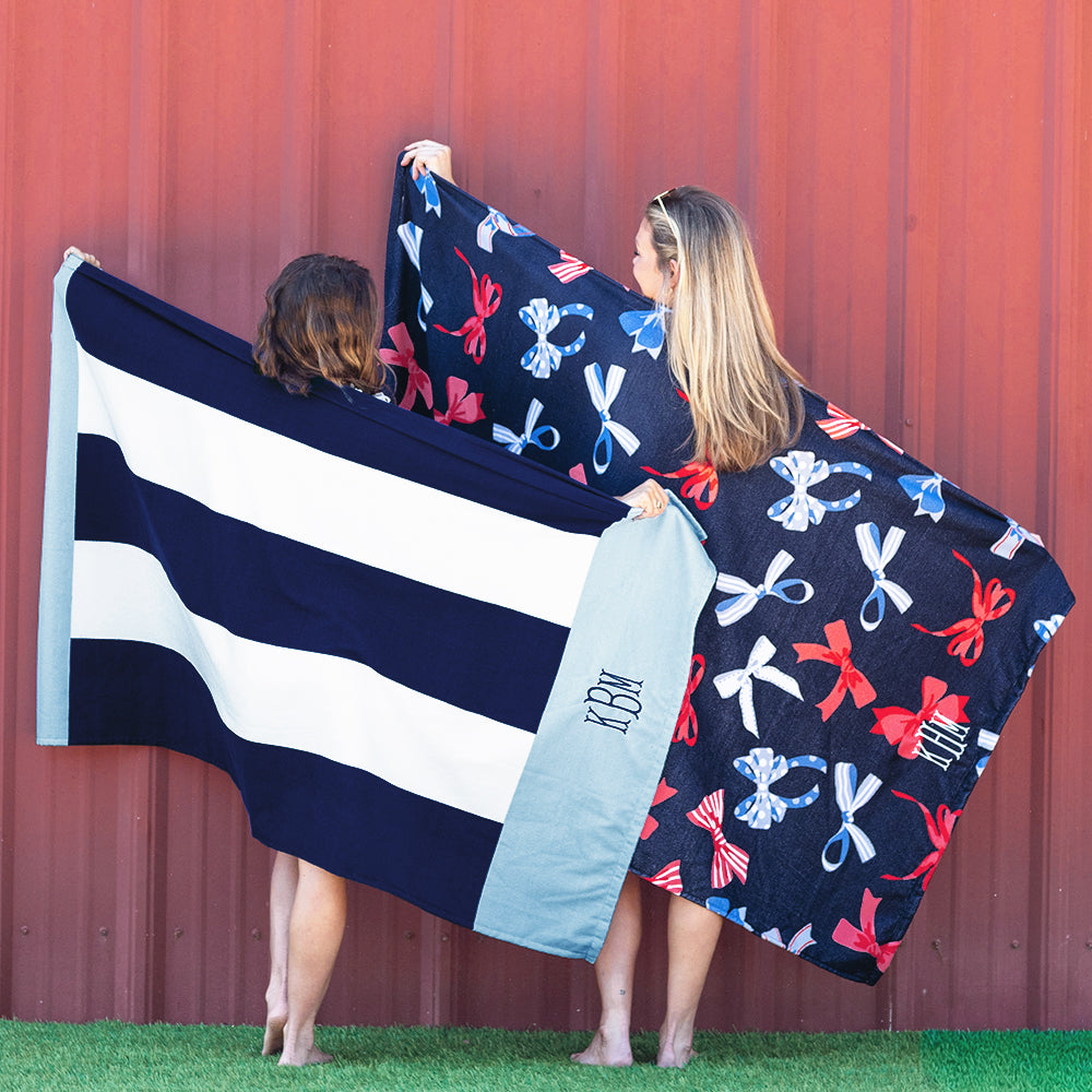 patriotic bows beach towel with navy cabana stripe towel