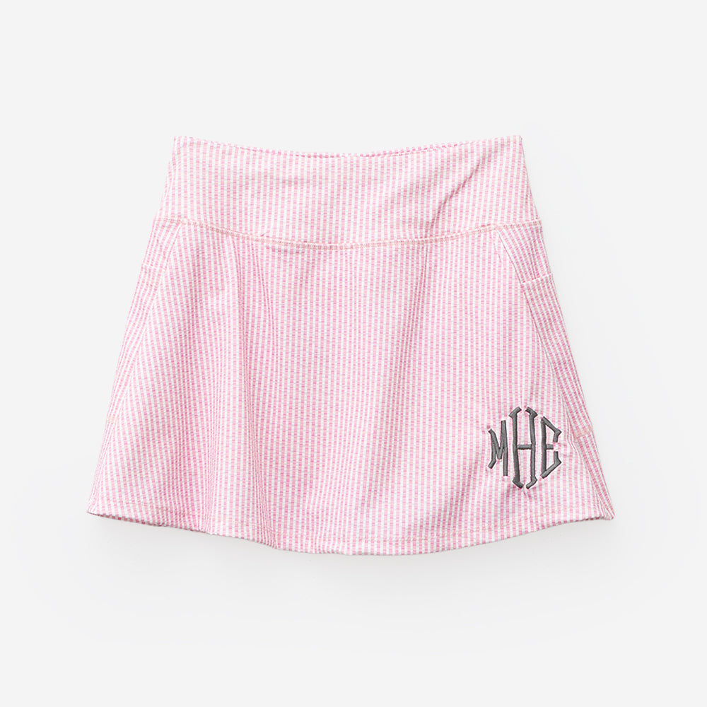monogrammed skort in pink seersucker