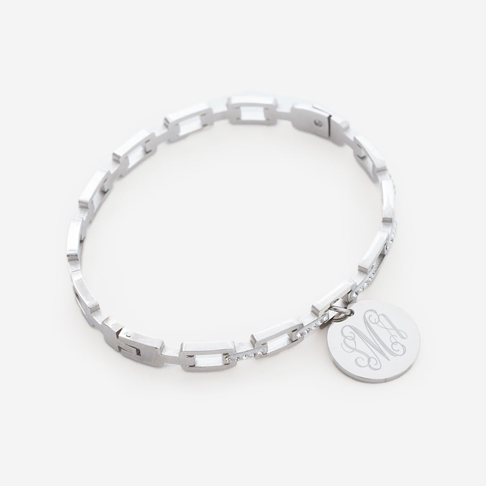 Monogrammed Pave Chainlink Bangle in Silver
