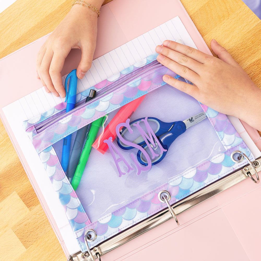 pens and highlighters in personalized mermaid magic binder pouch 