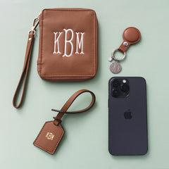 personalized bag tag in dark brown with airtag keychain