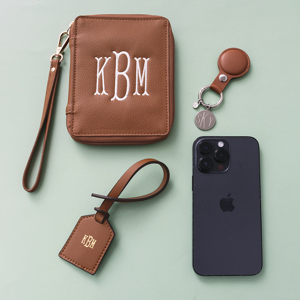 personalized bag tag in dark brown with airtag keychain