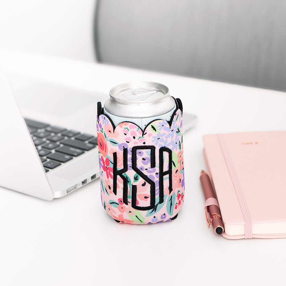personalized can koolie in coral floral on desk