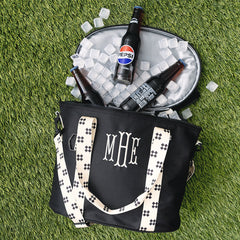 personalized cooler in black ditsy diamond on turf with drinks
