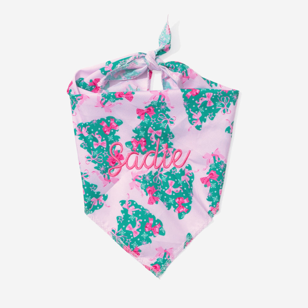 personalized dog bandana in pink christmas trees new