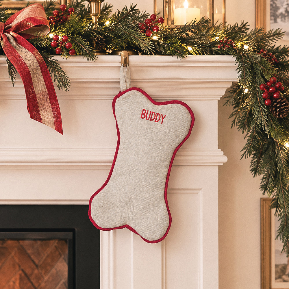 personalized dog bone stocking on mantel 