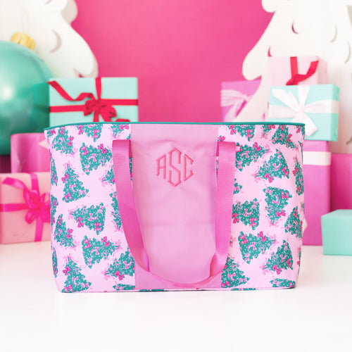 personalized extra large tote bag in pink christmas tree 