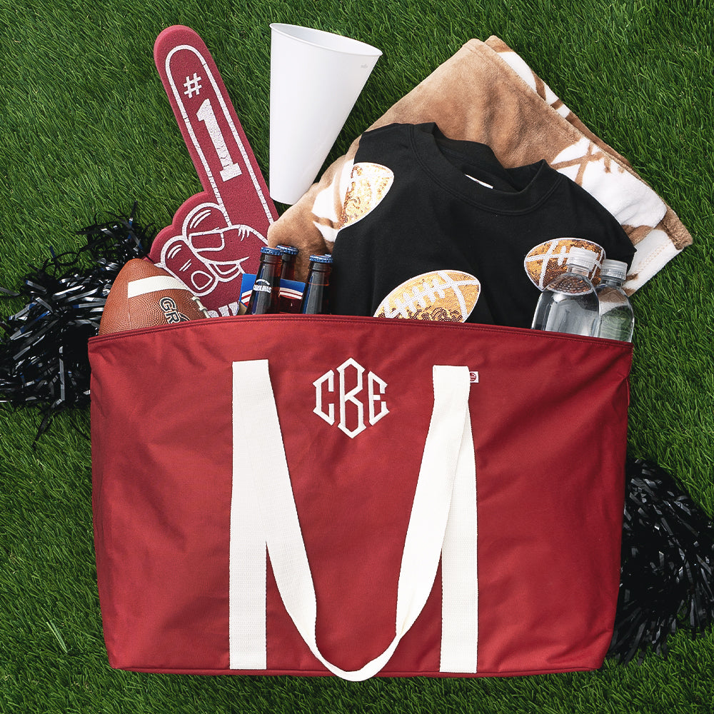 personalized extra large tote bag in red packed for football tailgate 