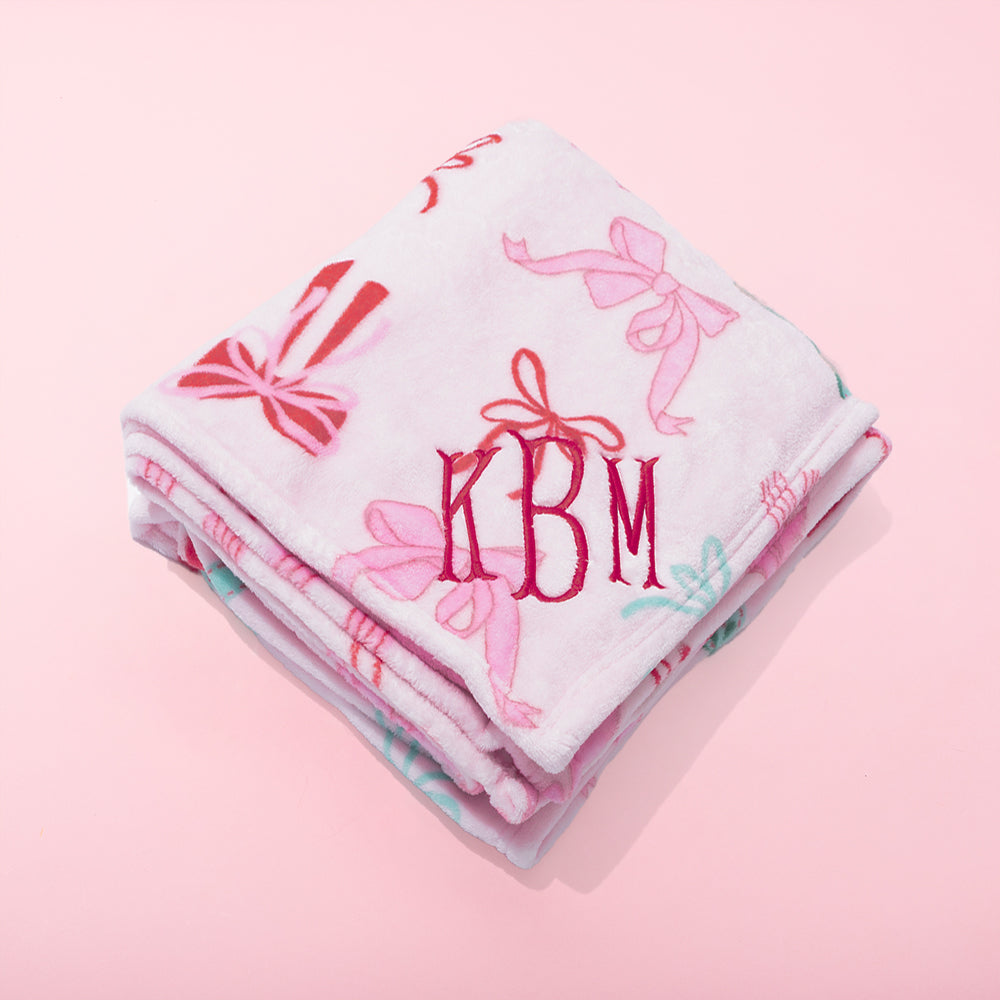 personalized kids plush blanket in pink bows