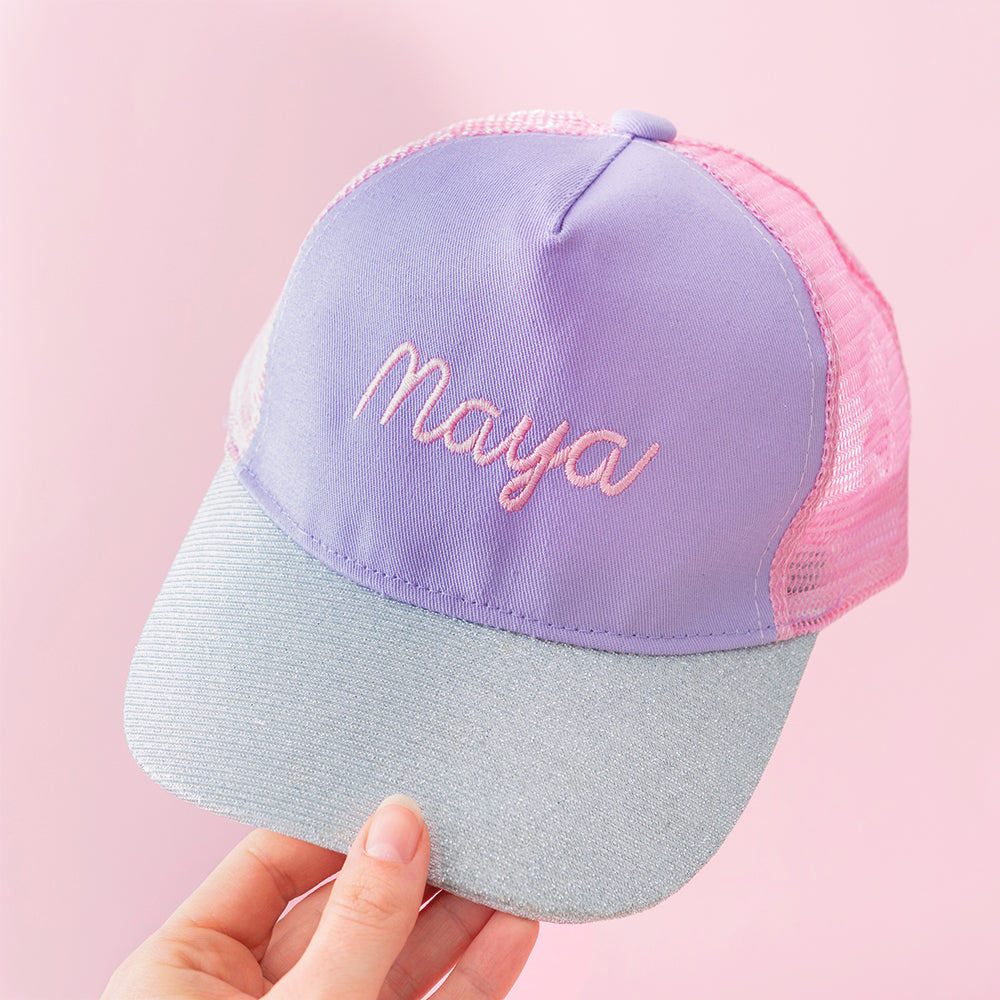personalized kids trucker hat in purple 