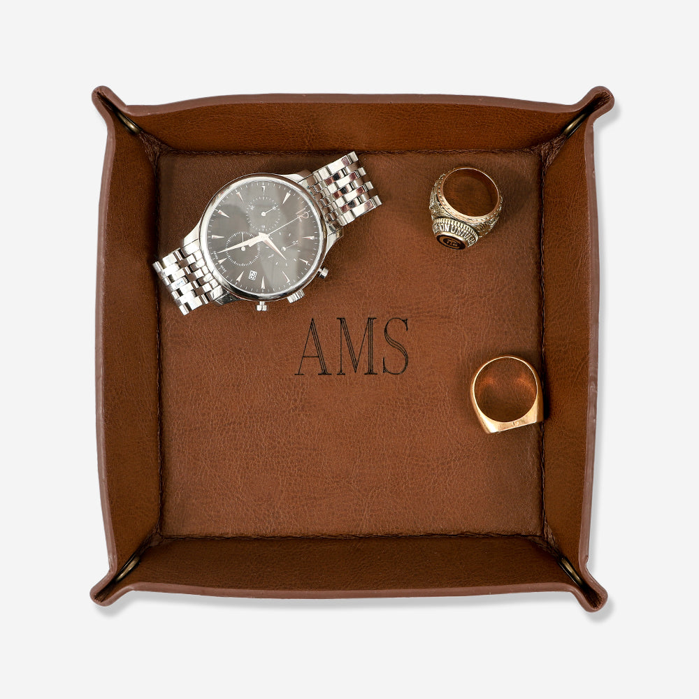 brown personalized mens valet leather tray