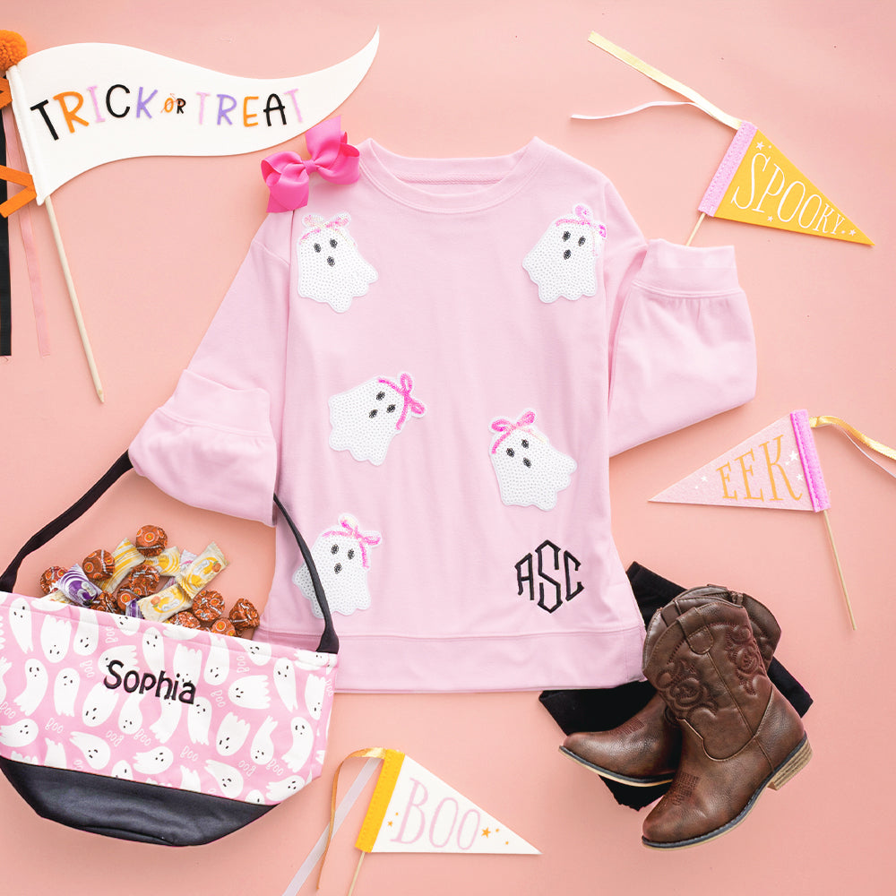 personalized light pink kids sequin ghost sweatshirt ootd 