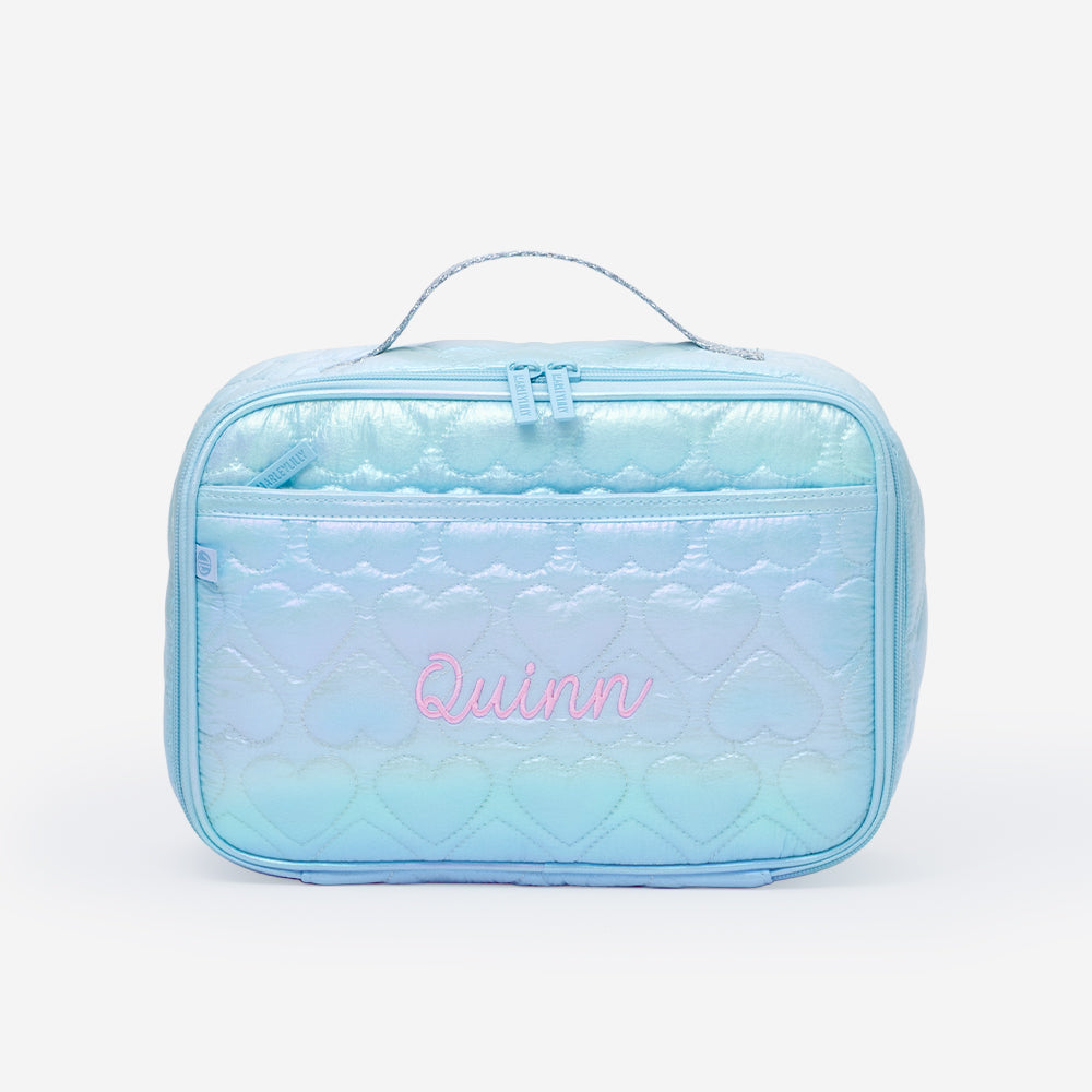 personalized lunch box in blue quilted hearts light monogram 