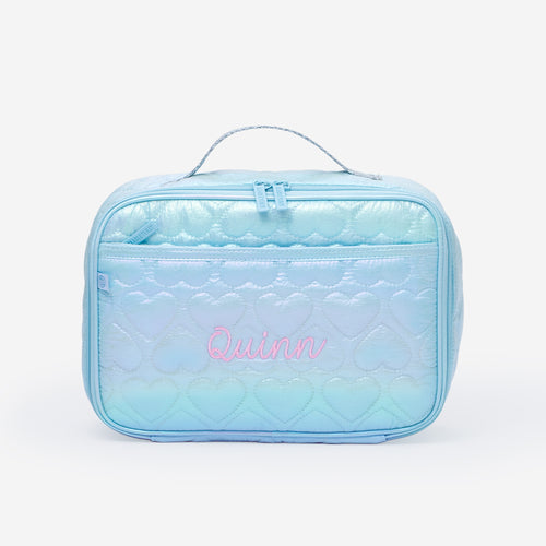 personalized lunch box in blue quilted hearts light monogram 