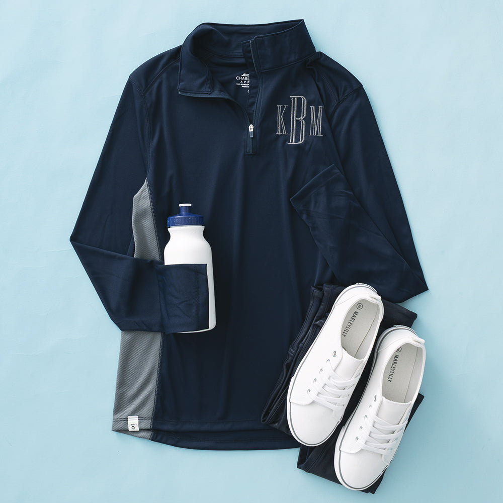 personalized navy and grey quarter zip pullover ootd 