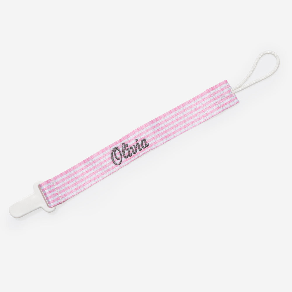 personalized paci clip in pink seersucker